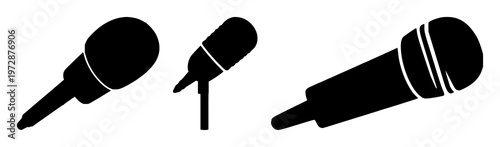 Microphone set with solid black icon on white background featuring voice command microphone silhouette, audio, iconography with technology and communication