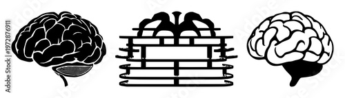 Deep learning layered architecture set with solid black icon design featuring neural network, artificial intelligence, machine learning with interconnected nodes and data processing