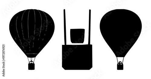 Hot air balloon icon set with solid black vector illustration on white background featuring hot air balloon, balloon shape, aviation icon with black and white and silhouette
