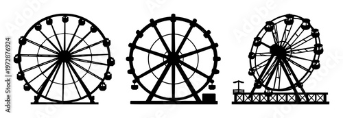 Amusement park wheel set with solid black icon on white background featuring ferris wheel, amusement rides, iconography with vector silhouette and flat design