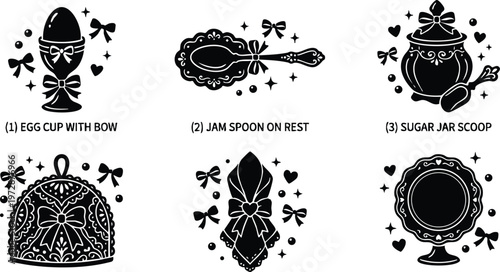 Black and white line art tea time set with bows and hearts