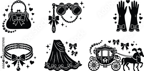 Black and white vintage accessories purse gloves binoculars choker dress and carriage vector art
