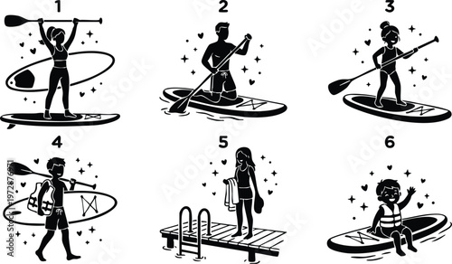 Black and white paddleboarders and swimmers in playful summer scenes vector art