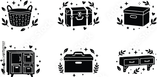 Storage and furniture items with decorative leaves and hearts