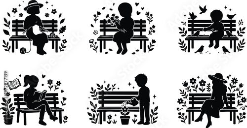 Black and white silhouette vector art of people on park benches with flowers birds and books