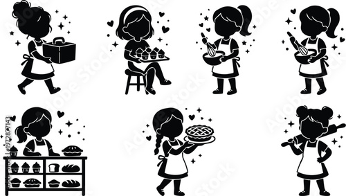 Girls baking cupcakes pies and bread with baking tools