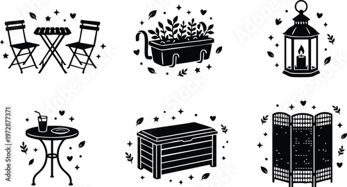 Black silhouette vector art of patio furniture and garden accessories set
