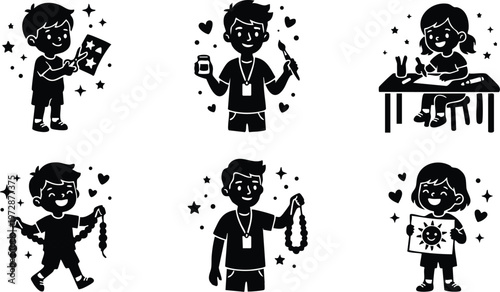 Children crafting with beads paint and drawings