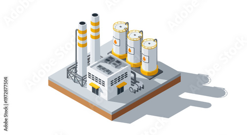 Isometric Industrial Plant with Smokestacks and Storage Tanks.