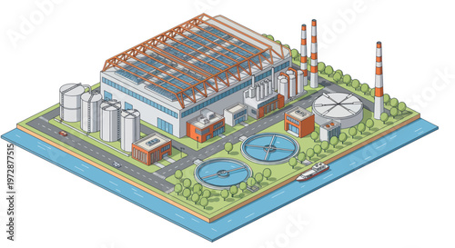 Isometric Industrial Plant with Solar Panels and Water Treatment Facilities.