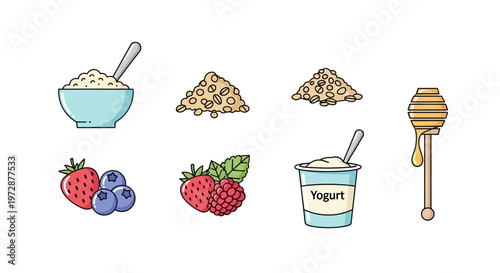 Healthy food breakfast ingredients displayed.