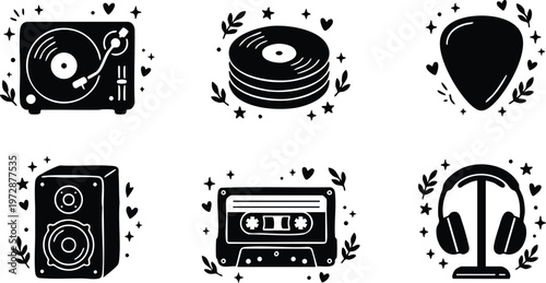Black and white music icons including turntable vinyl records speaker cassette tape guitar pick and headphones