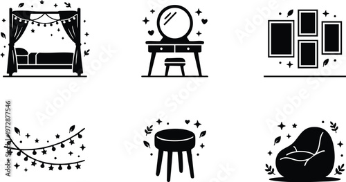 Bedroom bed dressing table and decor elements