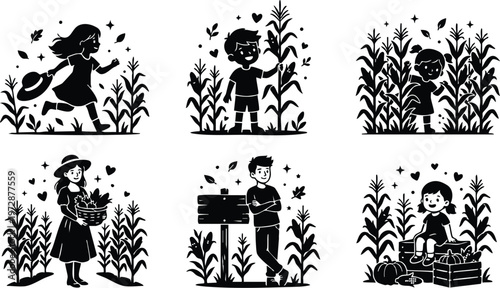Children with corn plants and harvest crates