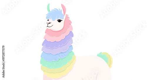 Colorful Llama With Rainbow Fur Standing.