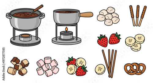 Fondue with fruit and chocolate pieces.