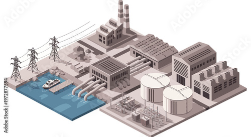 Isometric Industrial Power Plant Complex with Water Access.