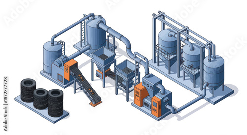 Isometric Industrial Tire Recycling Plant with Conveyor System.