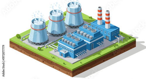 Isometric Nuclear Power Plant Generating Electricity with Cooling Towers.