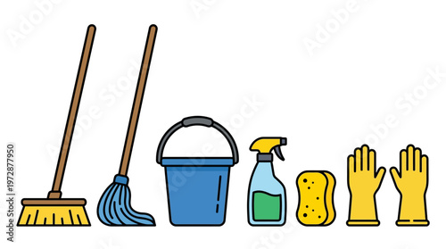 Essential household cleaning equipment including a wooden broom with a blue mop a plastic water bucket a spray bottle a yellow sponge and a pair of protective bright rubber gloves.