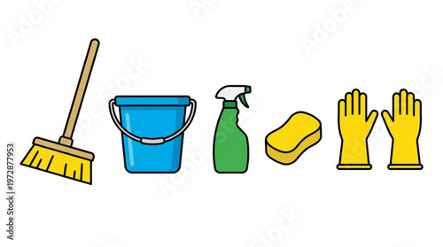 A collection of various colorful cleaning tools including a yellow broom, a blue plastic bucket, a green spray bottle, a soft yellow sponge and a pair of bright yellow gloves.