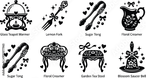 Black and white floral creamer sugar tong glass teapot warmer and lemon fork vector art