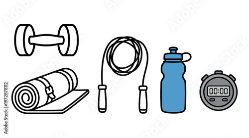 A flat illustration featuring a black dumbbell and a rolled yoga mat along with a coiled jump rope and a blue water bottle plus a digital stopwatch for timing exercises.