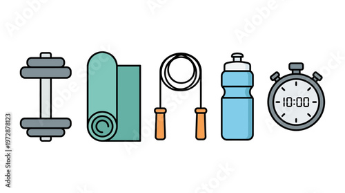 A collection of various colorful fitness equipment including a heavy dumbbell, a rolling exercise mat, a jump rope, a water bottle and a digital stopwatch for timing your daily workout.