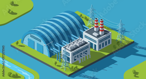 Isometric Power Plant and Industrial Buildings on an Island.