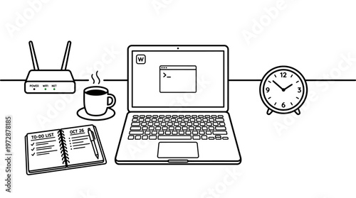 A clean black and white line art illustration featuring a modern laptop with a command line window open next to a coffee mug a to do list and a clock.