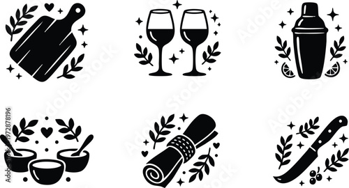 Black and white line art kitchen utensils and barware icons set