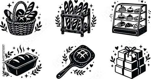 Black and white bakery basket bread display case loaf wrapped gift boxes vector art