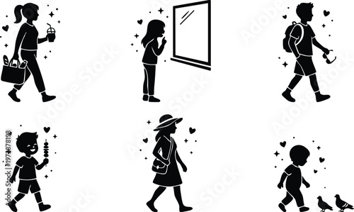 Black and white silhouette children walking with items like drink mirror and birds