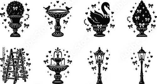 Black and white silhouette garden planters swan fountain and lamp post vector art