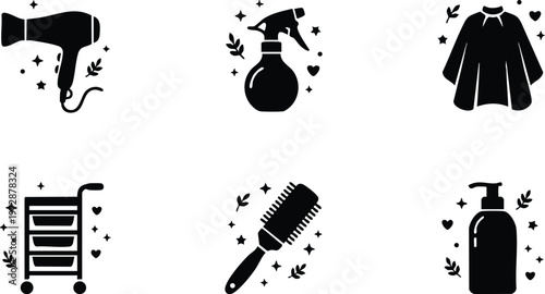 Black and white beauty salon tools icons with decorative leaves and hearts