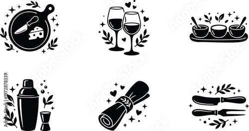 Black and white vector icons of wine glasses cheese board cocktail shaker menu and cutlery set