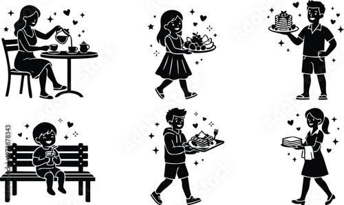 Children and woman serving and eating food