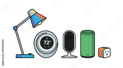 A charming collection of colorful smart home devices, including a thermostat, security camera, smart speaker, and plug, representing modern internet of things technology for automation.