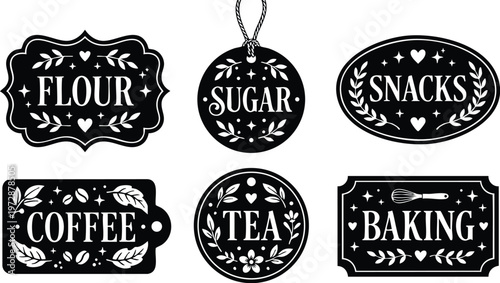 Black and white flour sugar coffee tea snacks and baking labels vector art
