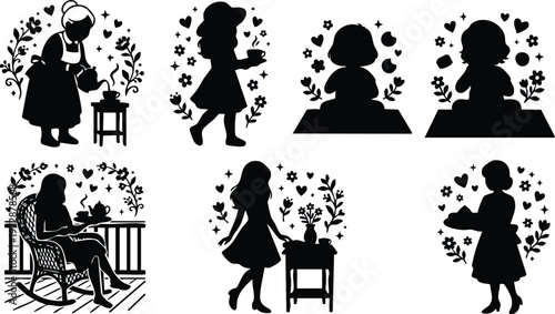 Black silhouette girls in vintage tea time with floral hearts decoration vector art