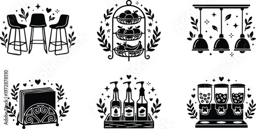 Black and white kitchen bar stools fruit basket lighting and condiment bottles vector art