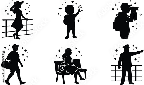 Black and white silhouettes of people traveling and sightseeing in casual clothes