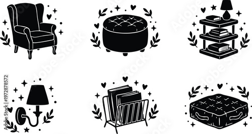 Black and white cozy living room furniture icons with hearts and leaves
