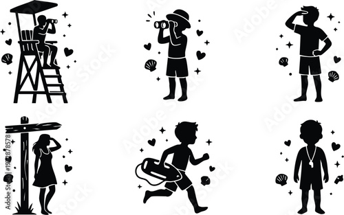 Black silhouette lifeguards observing and running with rescue tube on beach