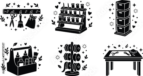 Black and white sewing tools scissors thread and fabric workspace vector art