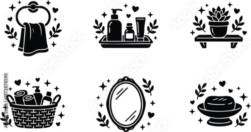 Black and white line art spa icons with towel soap mirror and plant