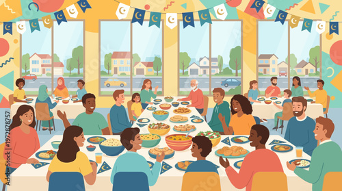 Diverse Community Gathering for Iftar or Eid Meal Illustration