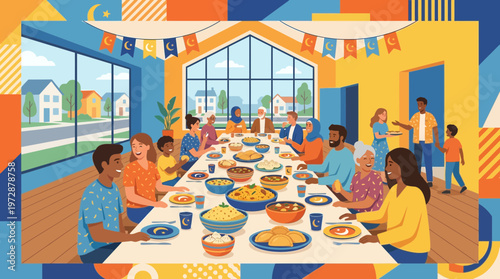 Multi-generational Muslim family sharing Iftar dinner during Ramadan