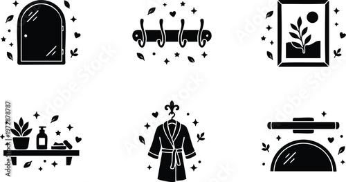 Black and white flat design bathroom accessories and decor icons set