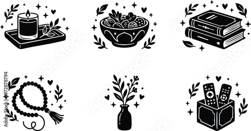 Candle bowl books rosary vase and remote controls